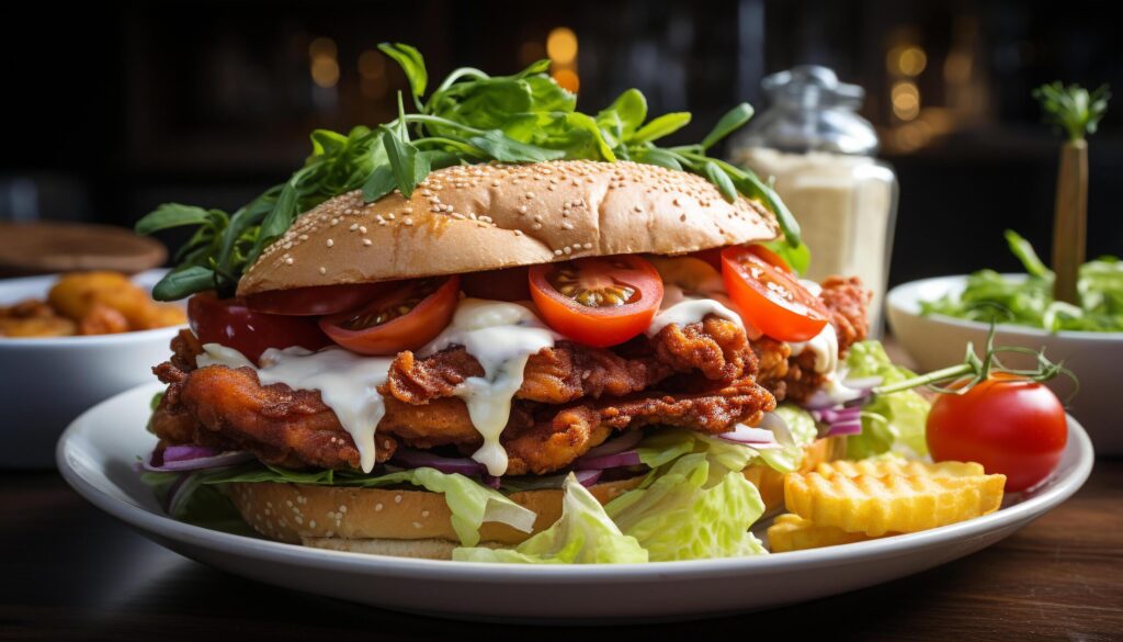 Grilled beef burger on wooden plate with fresh salad generated by AI Free Photo