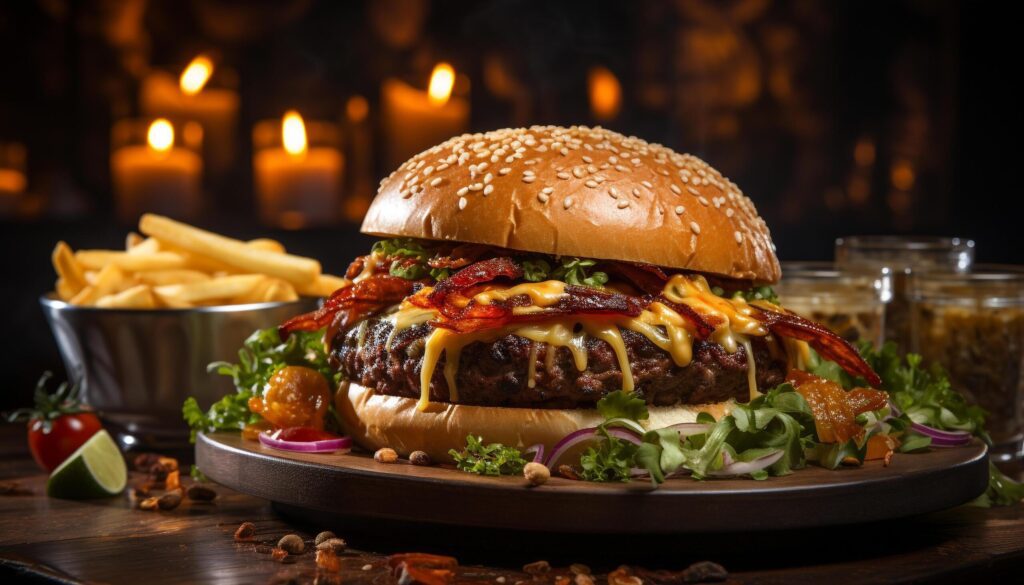 Grilled beef burger with cheese, fries, and refreshing cola generated by AI Free Photo