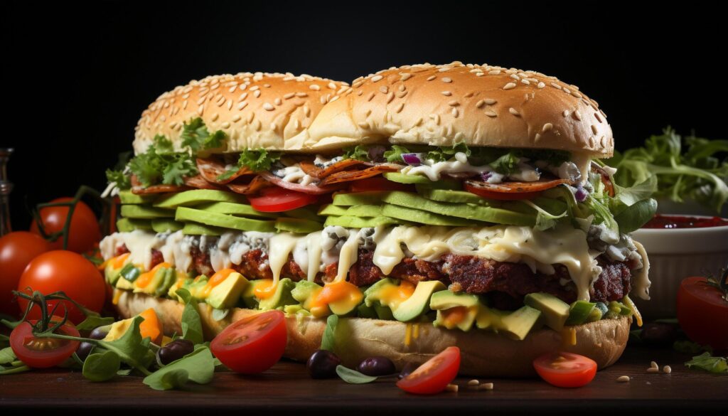 Grilled beef burger with cheese, tomato, and fresh vegetables generated by AI Free Photo