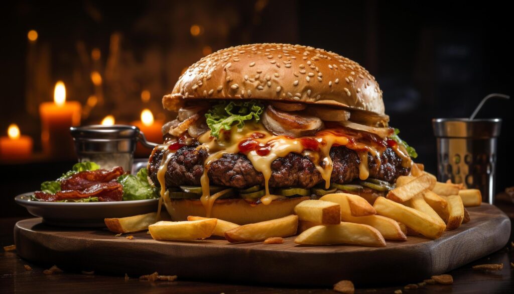 Grilled beef burger with fries, a gourmet American meal generated by AI Free Photo