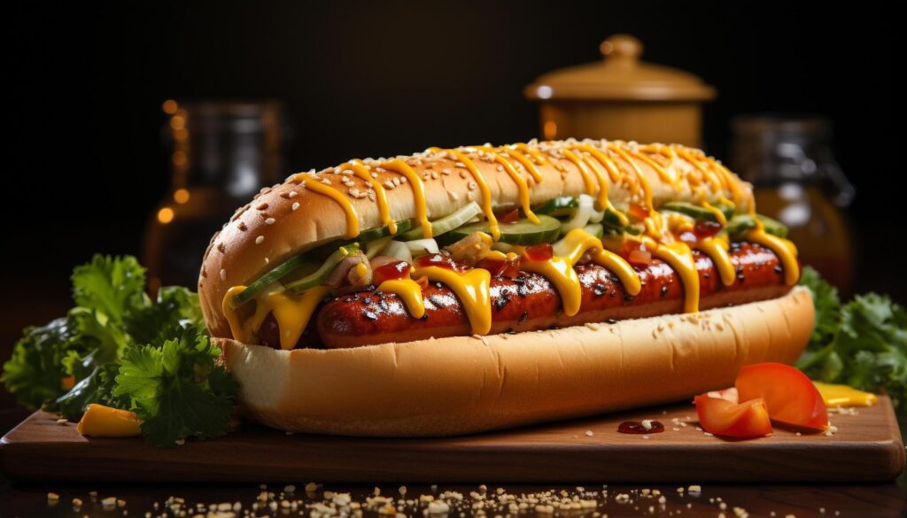 Grilled beef, hot dog, ketchup, bread, freshness, gourmet, bun generated by AI Free Photo