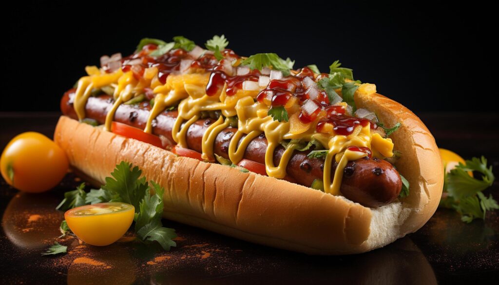 Grilled beef hot dog on bun, topped with ketchup generated by AI Free Photo