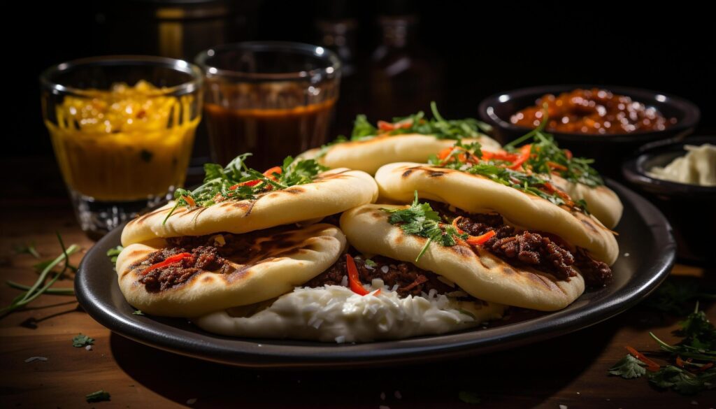 Grilled beef, pork, and hot dog on a rustic plate generated by AI Free Photo