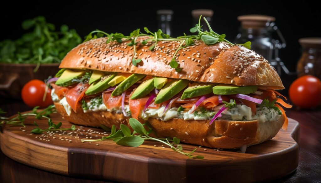 Grilled beef sandwich on ciabatta, fresh salad, homemade cooking generated by AI Free Photo