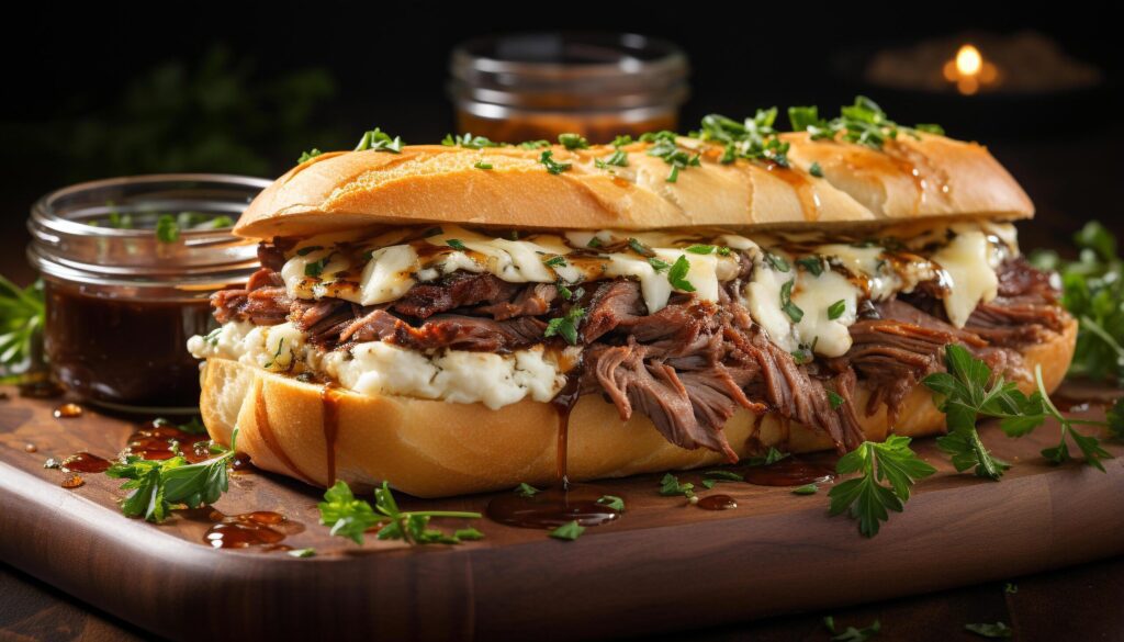 Grilled beef sandwich on ciabatta, with homemade savory sauce generated by AI Free Photo