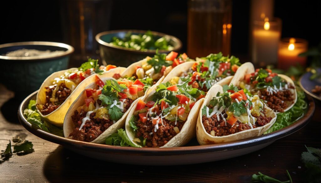 Grilled beef taco, fresh guacamole, tomato, and cilantro generated by AI Free Photo