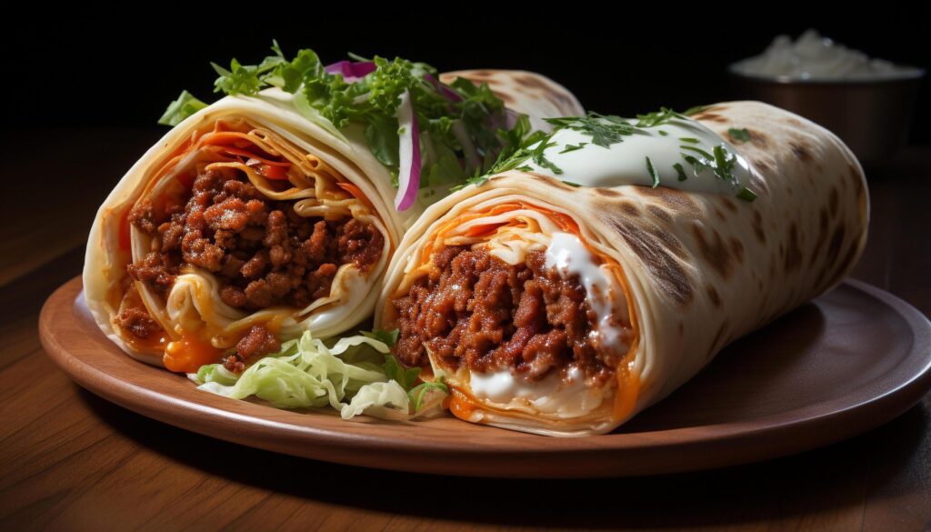 Grilled beef taco on flatbread, topped with fresh tomato and cilantro generated by AI Free Photo