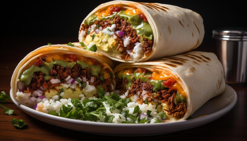 Grilled beef taco on flatbread with fresh guacamole generated by AI Free Photo