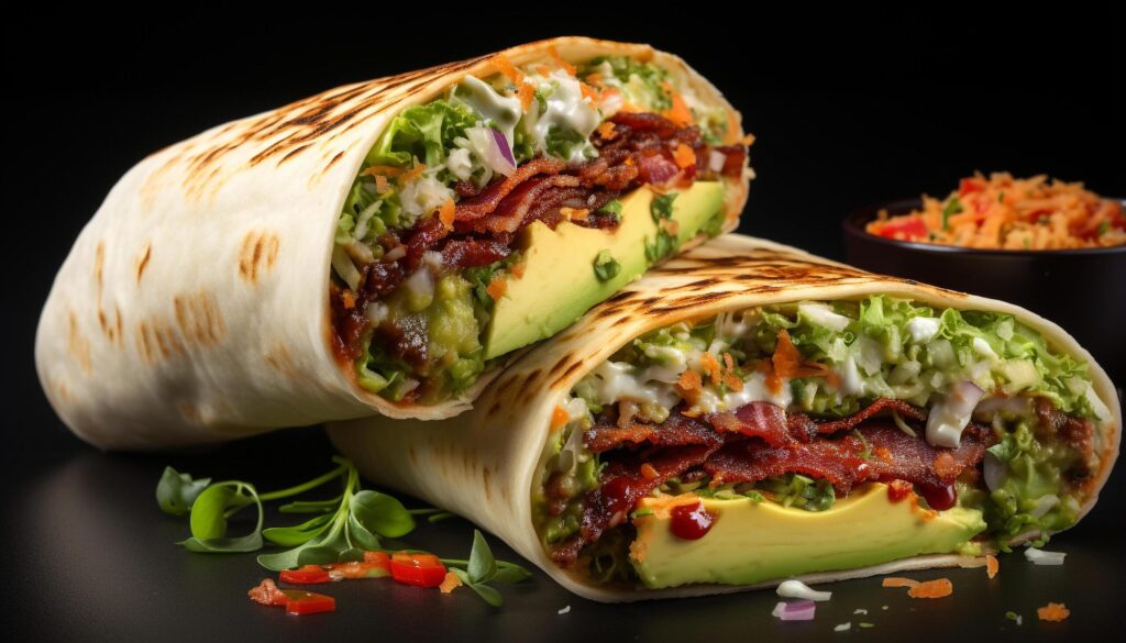 Grilled beef taco on tortilla, stuffed with fresh vegetables generated by AI Free Photo