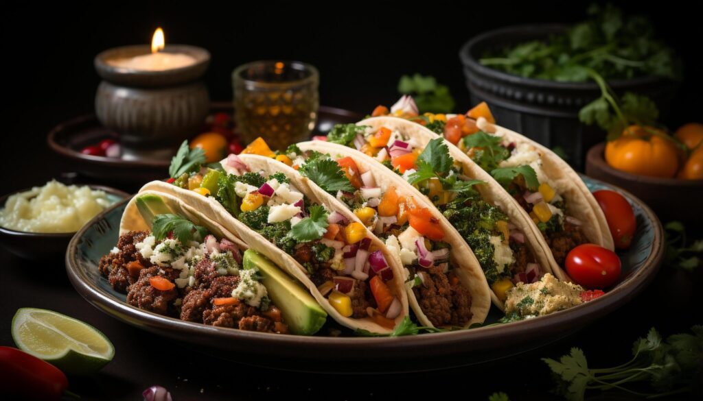 Grilled beef taco with fresh guacamole on flatbread plate generated by AI Free Photo