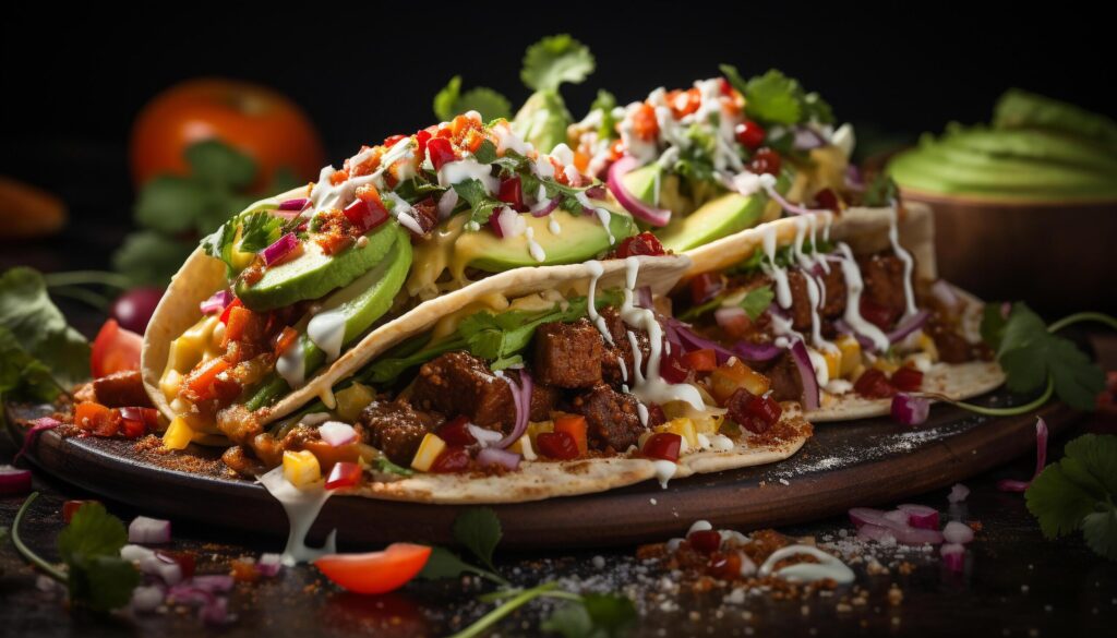 Grilled beef taco with fresh guacamole on rustic flatbread generated by AI Free Photo