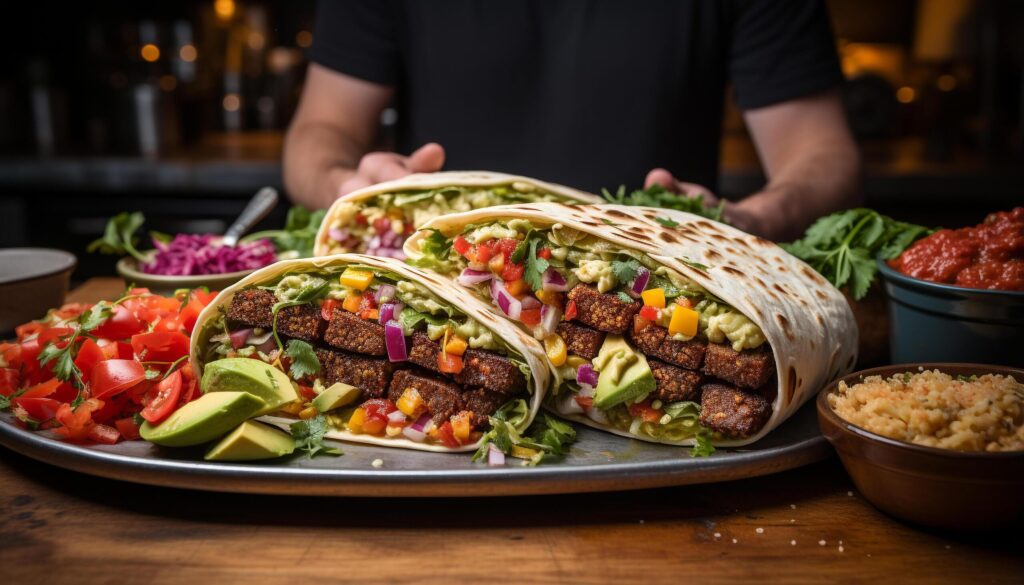 Grilled beef taco with fresh tomato and guacamole generated by AI Free Photo