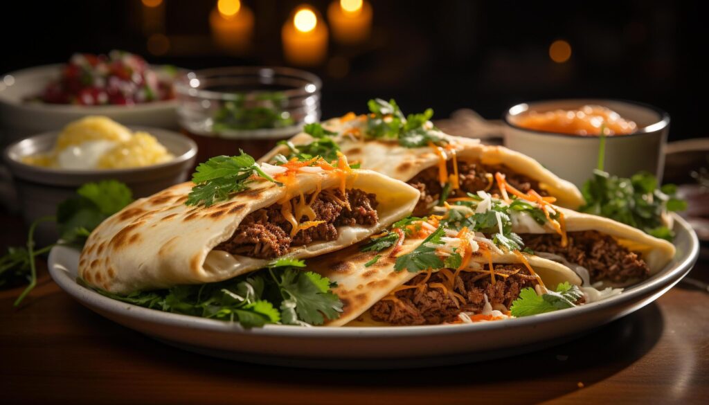 Grilled beef taco with guacamole, cilantro, and fresh vegetables generated by AI Free Photo