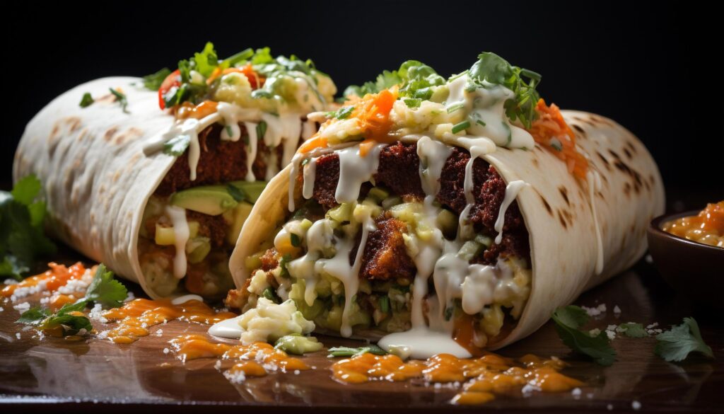 Grilled beef taco with guacamole on flatbread, freshness overload generated by AI Free Photo