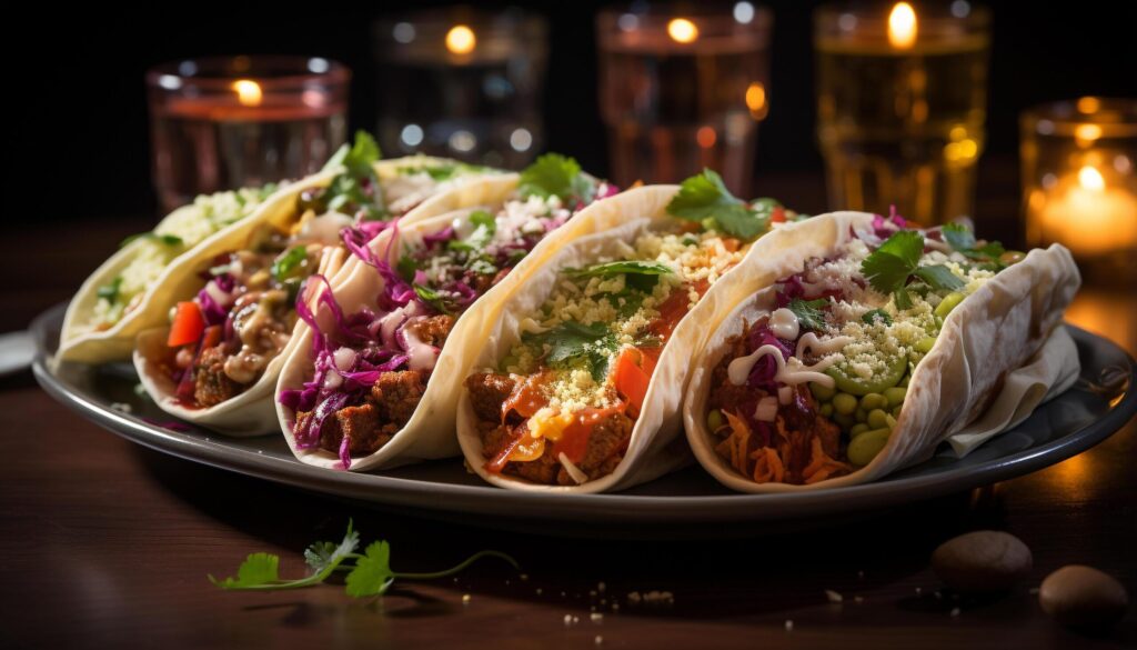 Grilled beef taco with guacamole, tomato, and cilantro freshness generated by AI Free Photo