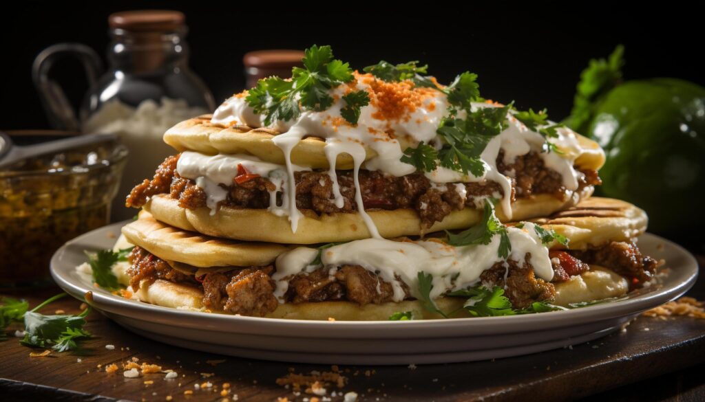 Grilled beef with tomato sauce, homemade pancake, and savory salad generated by AI Free Photo