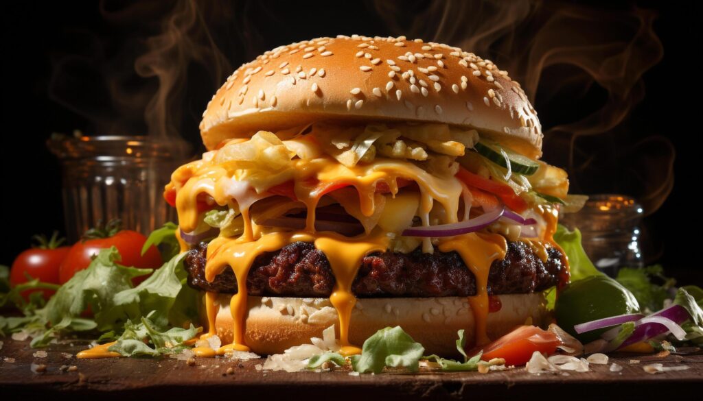 Grilled burger, cheese melting, ready to eat, rustic fast food generated by AI Free Photo