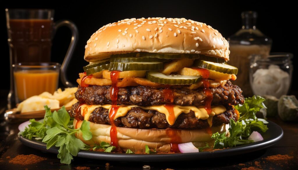 Grilled burger with cheese, tomato, and French fries on plate generated by AI Free Photo