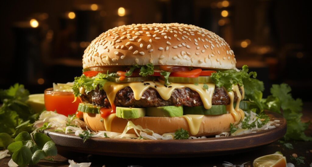 Grilled burger with cheese, tomato, and fresh vegetables on bun generated by AI Free Photo