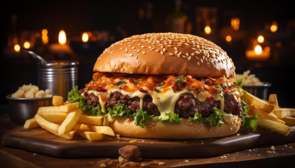 Grilled cheeseburger on a rustic wooden table, ready to eat generated by AI Free Photo