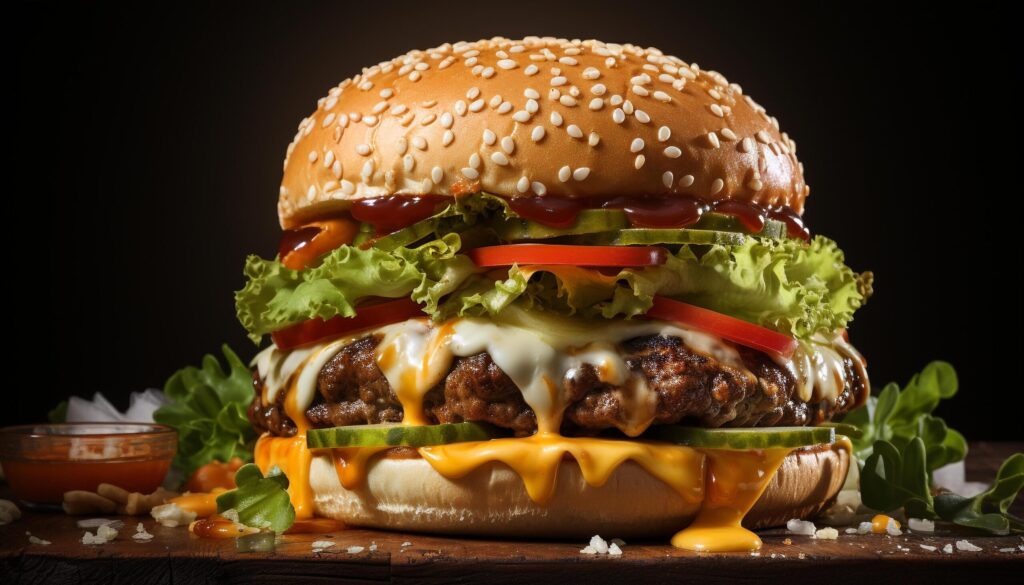 Grilled cheeseburger on bun, fresh tomato, homemade fries generated by AI Free Photo