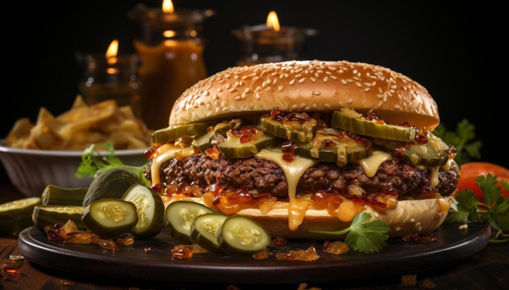 Grilled gourmet burger, fresh vegetables, melting cheddar, homemade meal generated by AI Free Photo