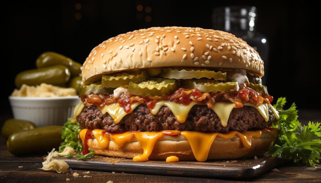 Grilled gourmet burger on a rustic wooden table generated by AI Free Photo