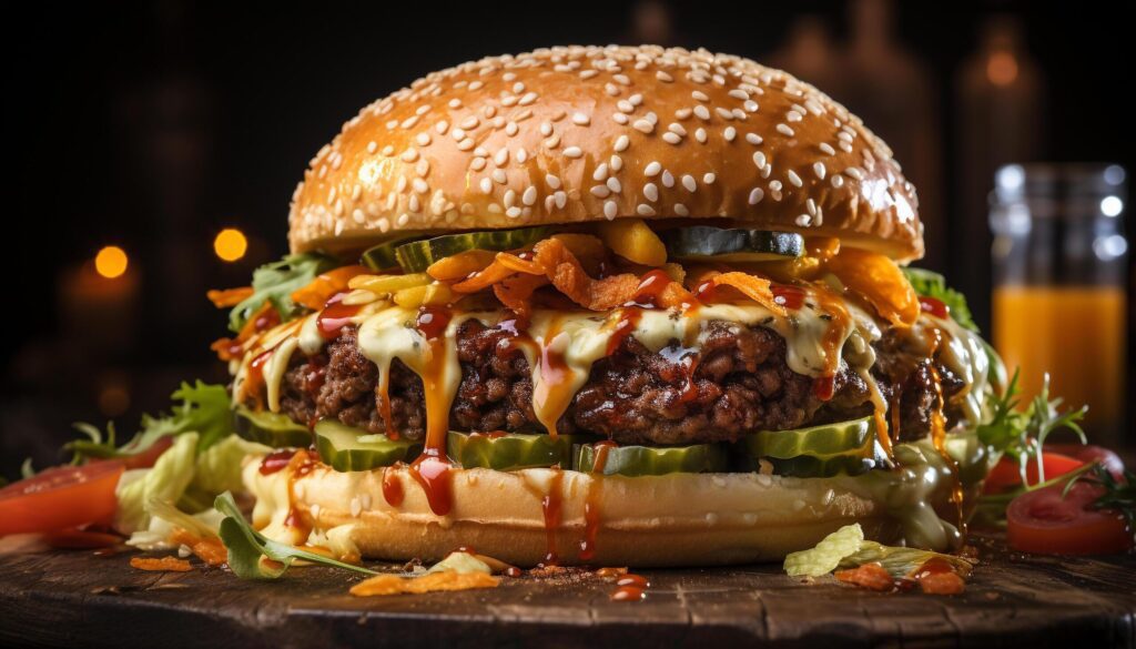 Grilled gourmet burger with fresh meat, cheese, and vegetables generated by AI Free Photo