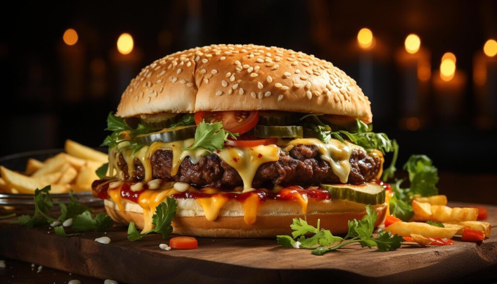 Grilled gourmet cheeseburger on a rustic wooden table generated by AI Free Photo