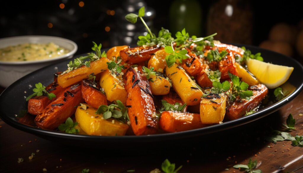 Grilled meat and vegetables on a rustic plate generated by AI Free Photo