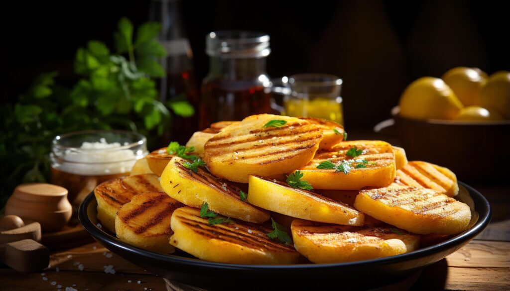 Grilled meat and vegetables on wooden plate, fresh and healthy generated by AI Free Photo