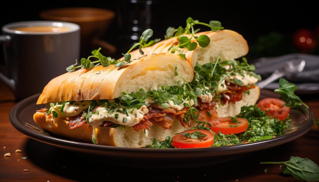 Grilled meat on ciabatta bun, fresh salad, homemade guacamole generated by AI Free Photo