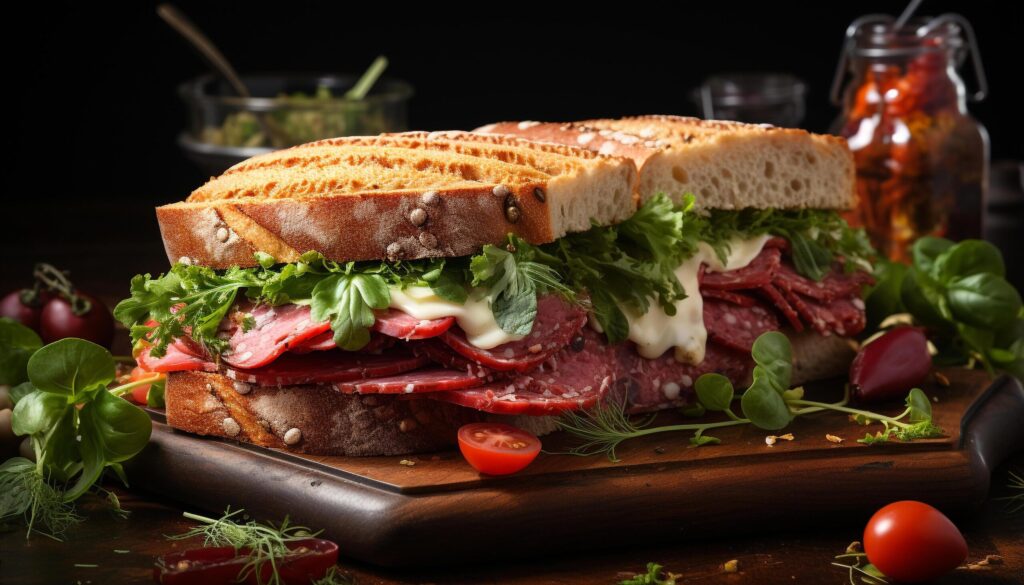 Grilled meat sandwich on ciabatta, a gourmet lunch delight generated by AI Free Photo