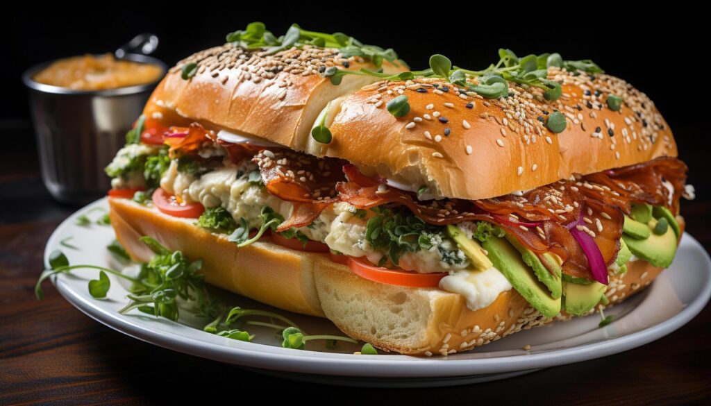 Grilled meat sandwich on ciabatta, fresh salad, and fries generated by AI Free Photo