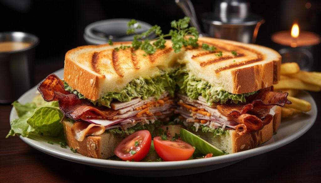 Grilled meat sandwich on toasted ciabatta, fresh salad on plate generated by AI Free Photo