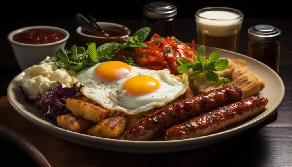 Grilled pork, beef, and vegetables on a rustic wooden plate generated by AI Free Photo