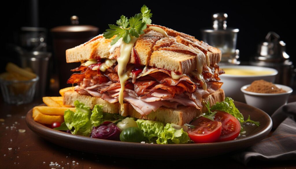 Grilled pork sandwich with fresh tomato and salad, a gourmet meal generated by AI Free Photo