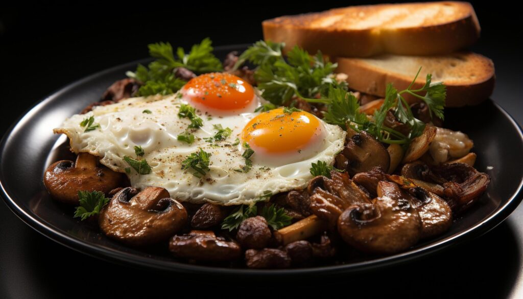 Grilled pork with mushroom, bread, and fresh salad on plate generated by AI Free Photo