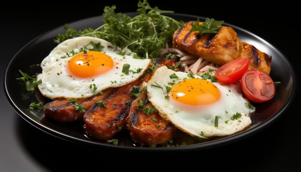 Grilled pork with tomato, salad, and fresh bread on plate generated by AI Free Photo