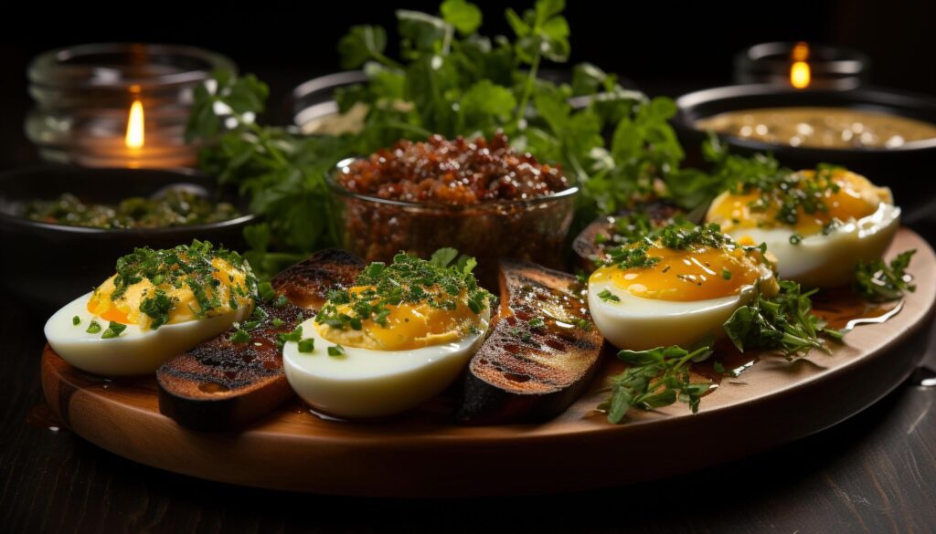 Grilled vegetarian meal on wooden plate, healthy and fresh generated by AI Free Photo