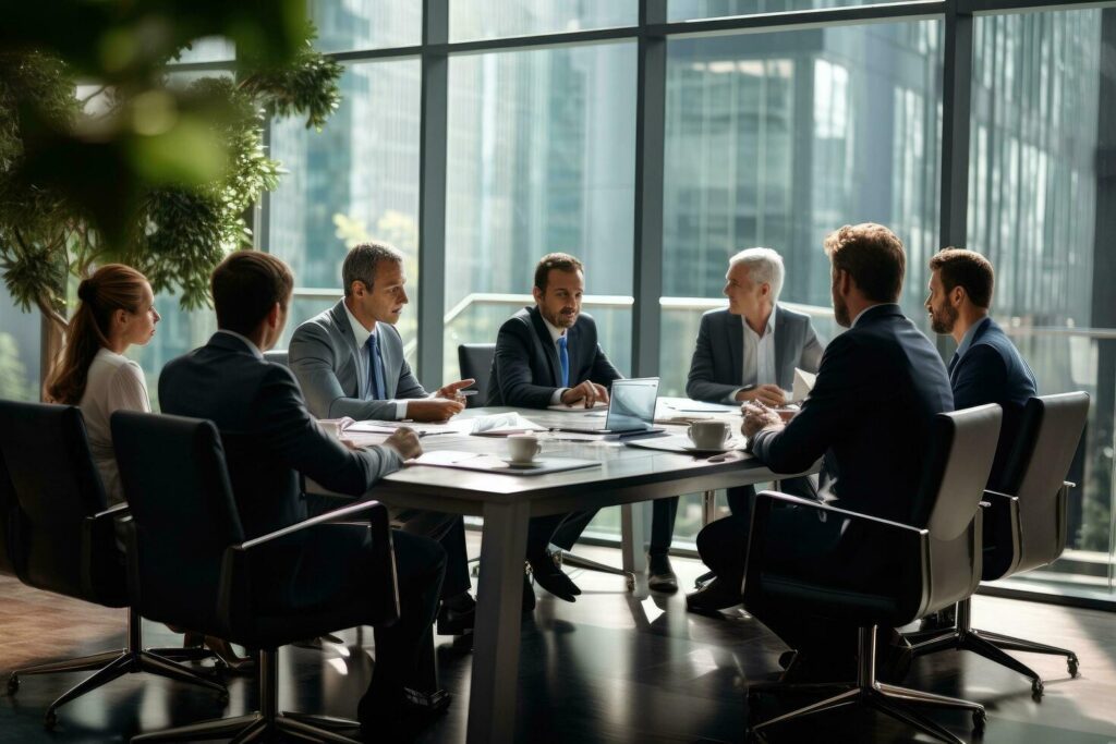 AI generated Group of business people having a meeting in modern office. Businessmen and businesswomen in formalwear discussing something while sitting at the table, AI Generated Stock Free