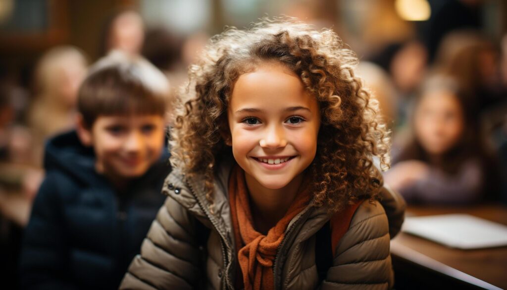 Group of children smiling, studying outdoors, enjoying school together generated by AI Free Photo