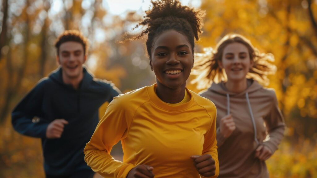 Group of People Running Through Forest Free Photo