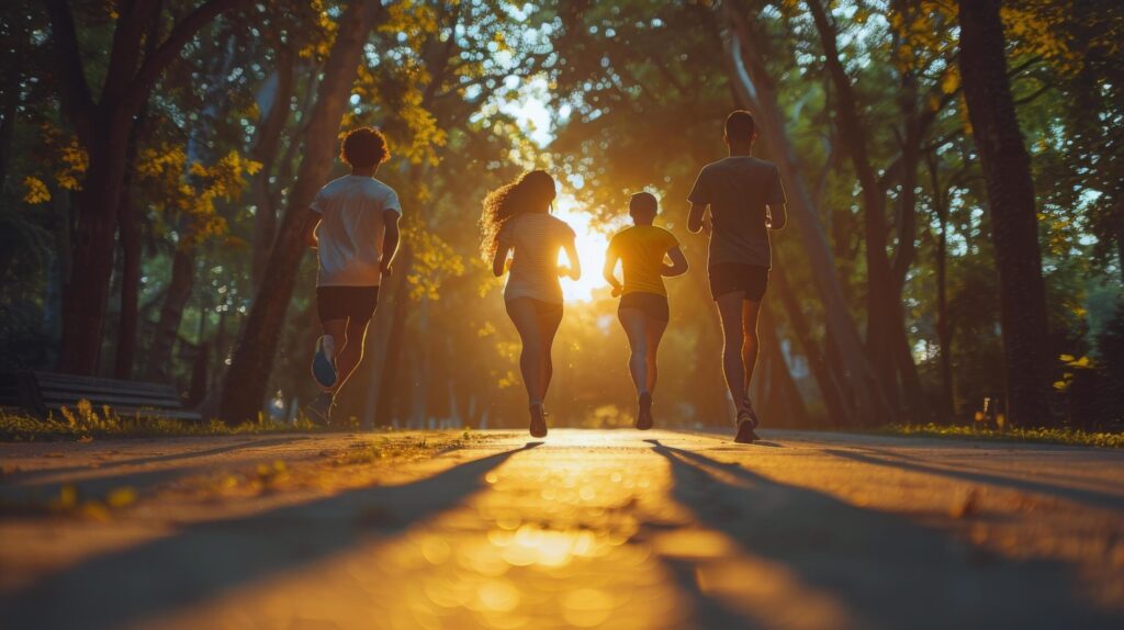 Group of People Running Through Park at Sunset Free Photo