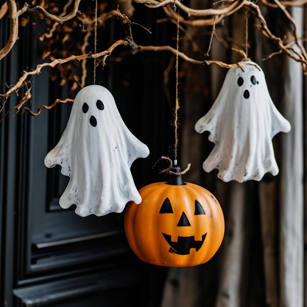 Halloween decoration with scary pumpkins and ghosts on wooden background. Free Photo