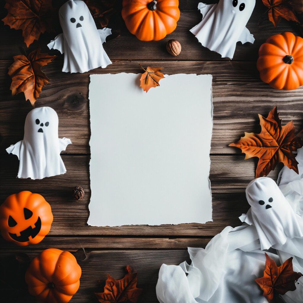 Halloween holiday background with white ghosts, pumpkins and leaves on rustic wooden table Free Photo