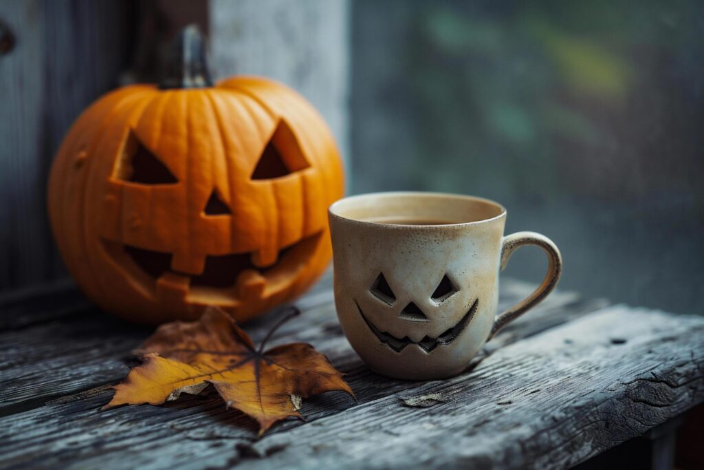 Halloween pumpkin and cup of coffee on rustic wooden background. Free Photo