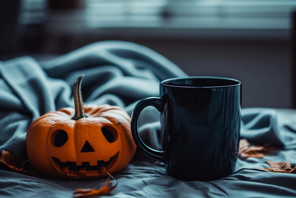 Halloween pumpkin with black cup of coffee or tea on bed. Free Photo