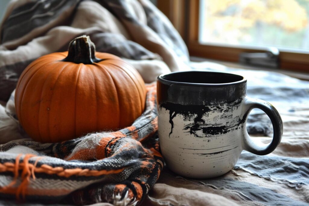 Halloween still life with pumpkin, scarf and cup of coffee on the windowsill Free Photo