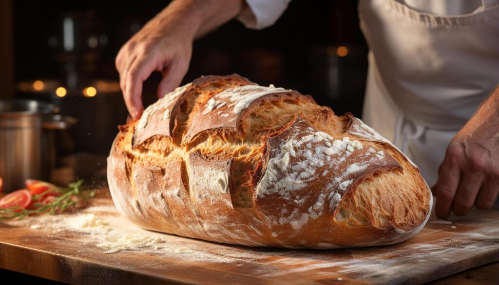 Hand cutting fresh homemade bread in rustic kitchen generated by AI Free Photo